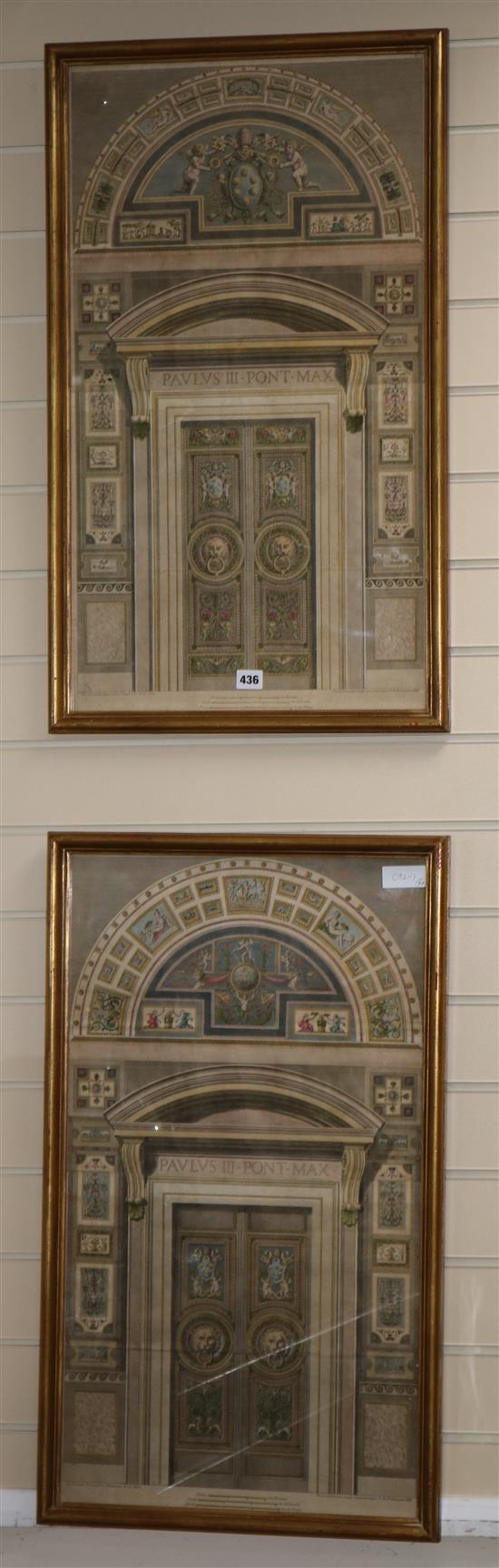 After J. Ottaviani, two hand coloured engravings of architectural panels of Raphaels Vatican Loggie, late 18th century,